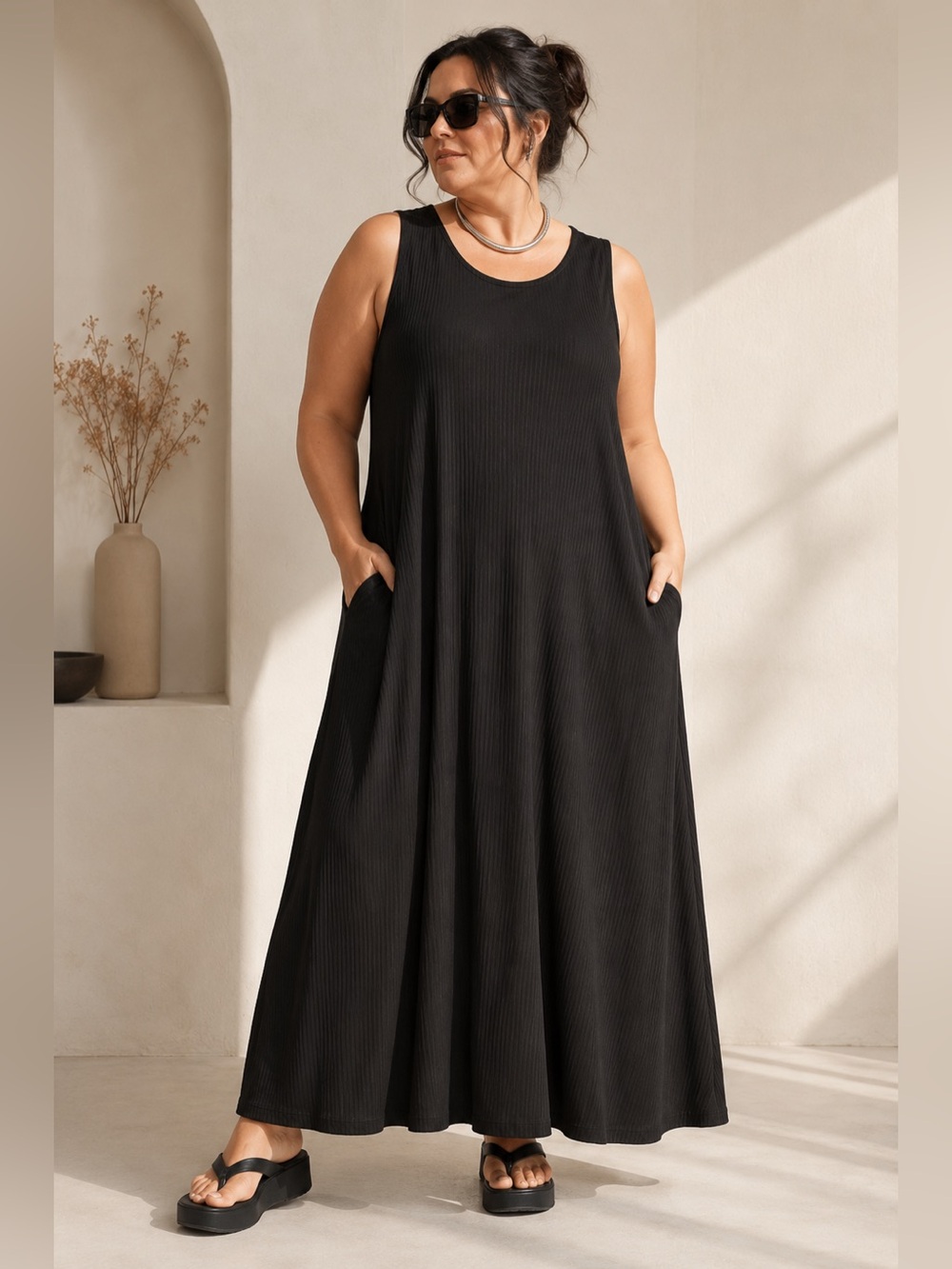 Alembika Black Ribbed Sleeveless Maxi Dress Size 2 | Lagenlook Oversized Pockets